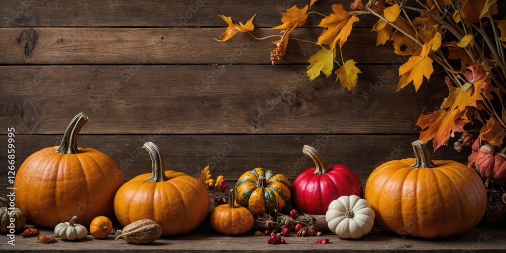Autumn Banner with Pumpkins, Gourds, and Fall Decor on Rustic Wood Background Autumn Banner with Pumpkins, Gourds, and Fall Decor on Rustic Wood Background