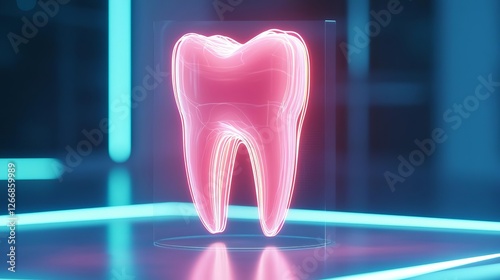 A glowing 3D digital tooth model representing dental health and care. photo