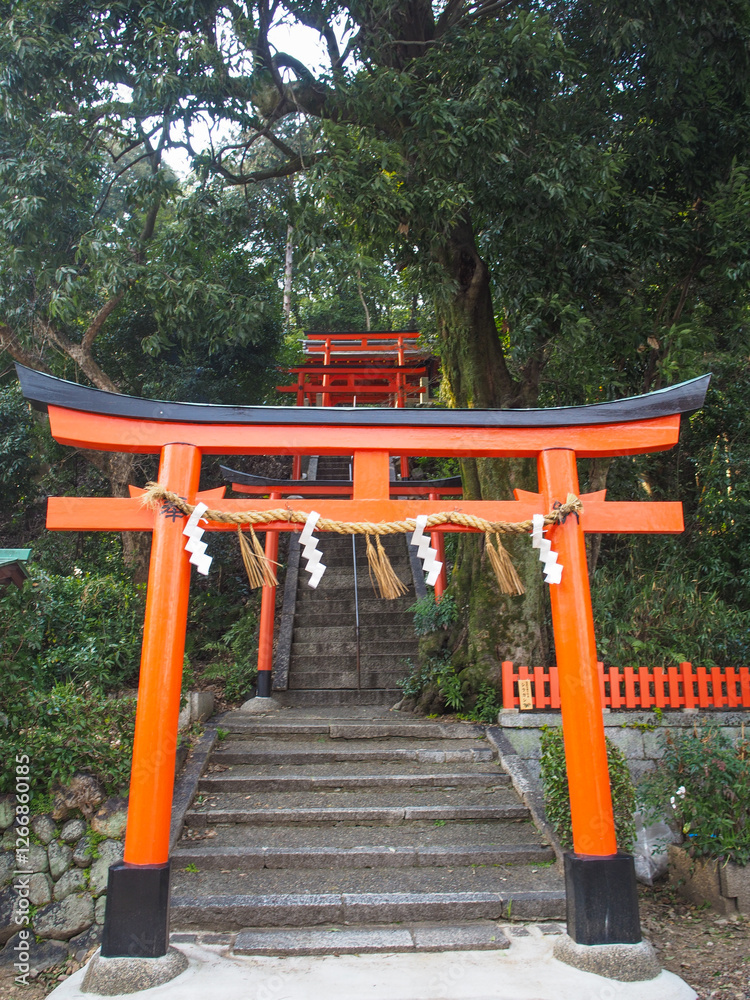 Torii gate at Kenshin Shrine in Kyoto, Japan Torii gate at Kenshin Shrine in Kyoto, Japan