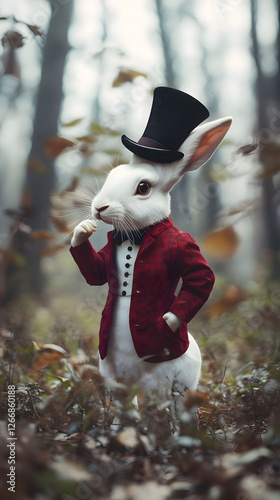 The White Rabbit's Autumnal Contemplation: A whimsical portrait of a dapper rabbit in a forest setting.