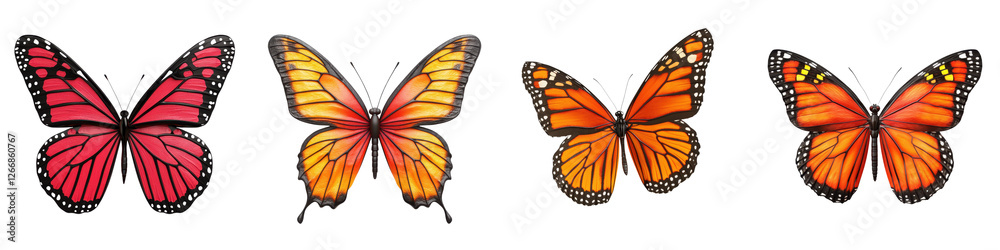 Fototapeta premium Colorful butterflies with intricate wing patterns flying gracefully in a lush vibrant tropical garden landscape Delicate and fragile yet captivating and eye catching natural beauty