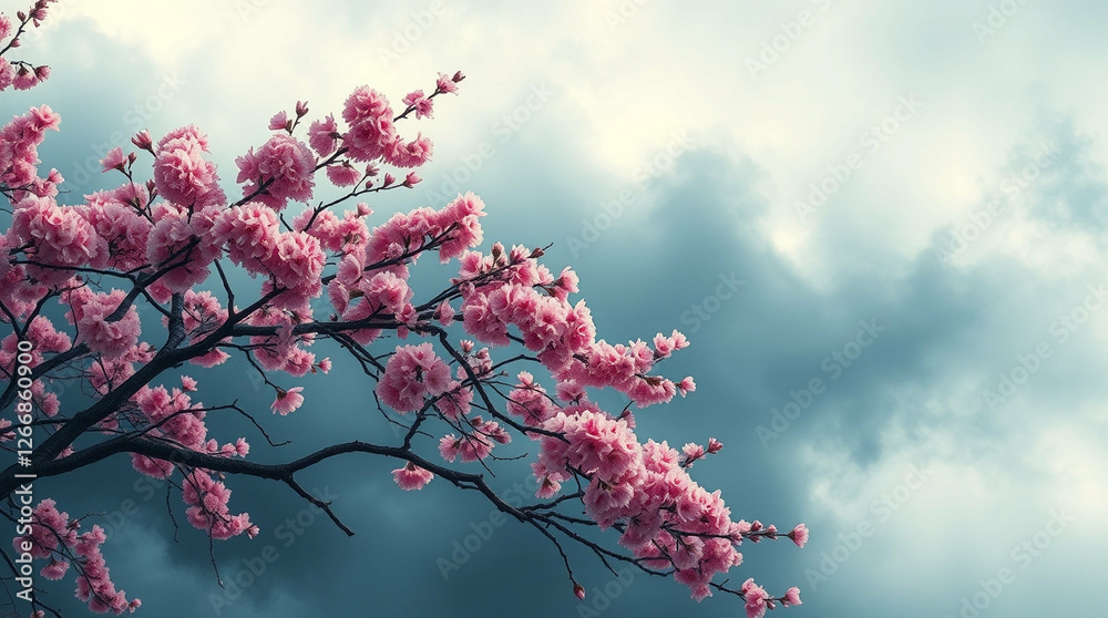 Ephemeral pink blossoms against a moody sky, beauty in fleeting moments Ephemeral pink blossoms against a moody sky, beauty in fleeting moments