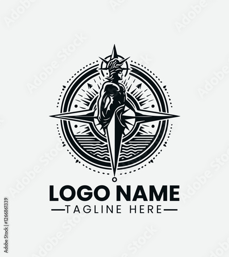 Poseidon and Compass Logo Design, Sea God Navigation Logo, Ocean Compass Logo