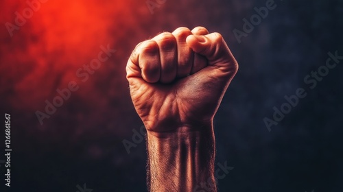 A clenched fist raised in defiance against a fiery backdrop, symbolizing power, protest, and resistance.