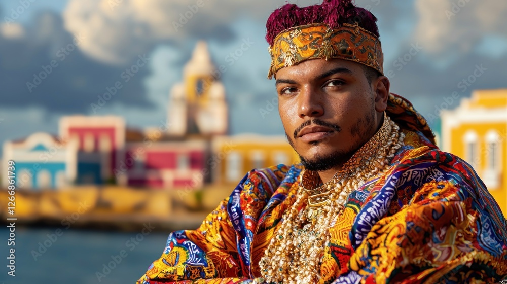 Obraz premium Man in vibrant traditional attire, Caribbean coastal town backdrop