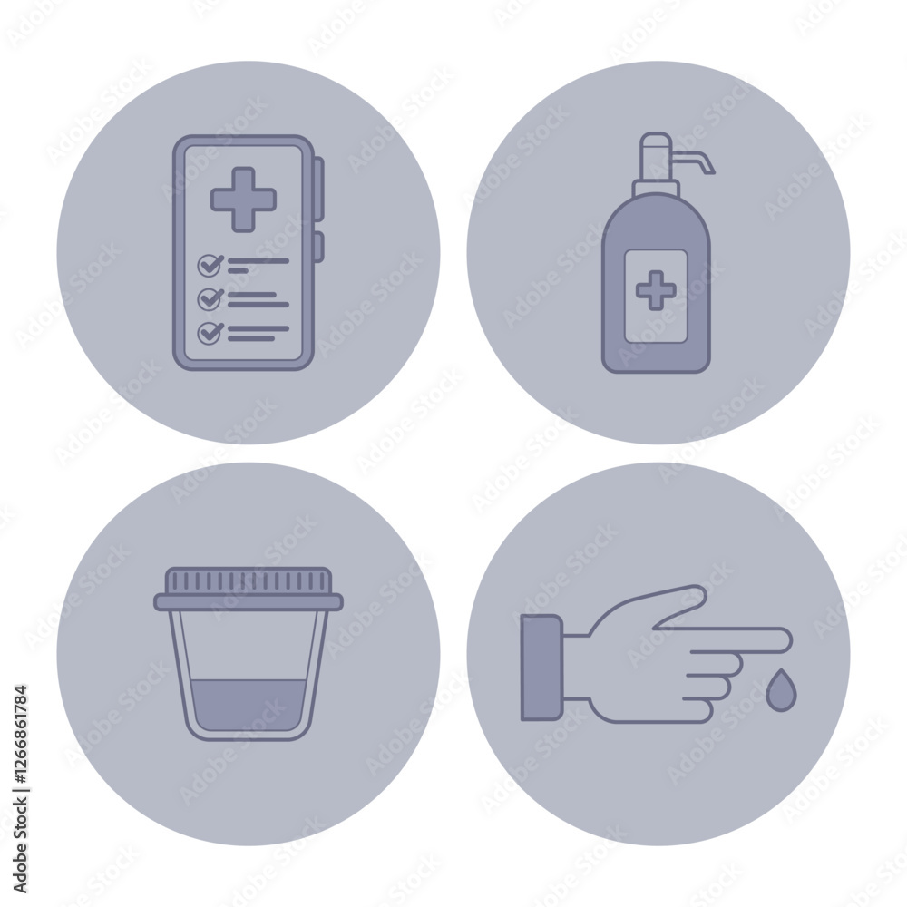 Fototapeta premium Collection of health care icons. Checklist, sanitizer, medicine container, and hand with blood drop. Useful for health-related projects and presentations