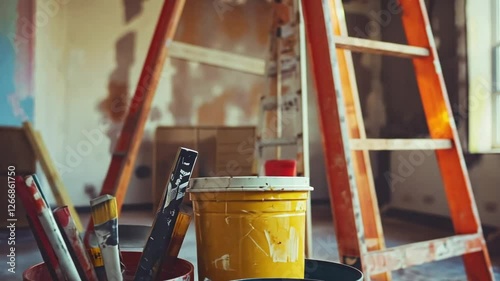 Painting supplies with a ladder and yellow paint bucket, representing home renovation and creative work. photo