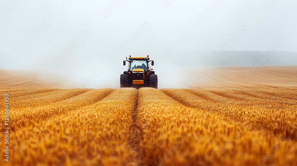 Obraz premium Tractor cultivating golden wheat fields under a misty sky, showcasing agricultural activity