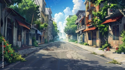 Abandoned street scene with overgrown vegetation and dilapidated buildings under a bright blue sky