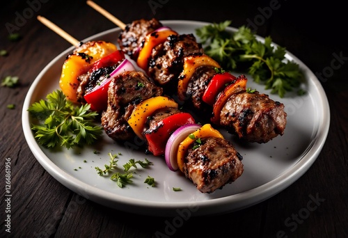 Savoring Grilled Skewers of Marinated Beef With Vibrant Vegetables at Dusk. Generative AI