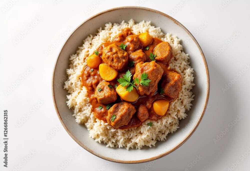 Savory Meatballs in Rich Sauce Served on Fluffy Rice With Herbs. Generative AI Savory Meatballs in Rich Sauce Served on Fluffy Rice With Herbs. Generative AI