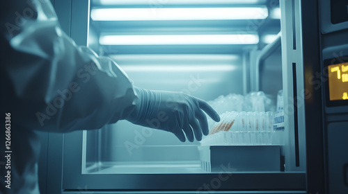 of gloved hands carefully handling virus samples inside a biosafety cabinet 