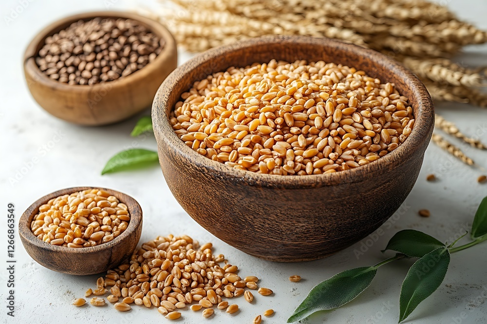 Fresh Wheat Grains in Wooden Bowl, Perfect for Food Photography Fresh Wheat Grains in Wooden Bowl, Perfect for Food Photography