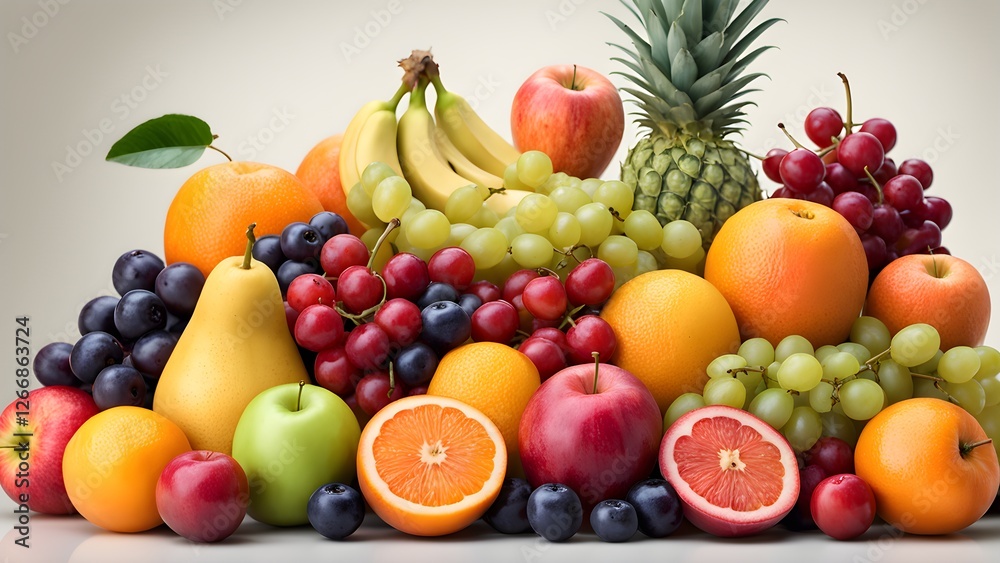 A vibrant collection of fresh fruits, including apples, oranges, grapes, bananas, a pineapple, and berries, arranged attractively on a light background. A vibrant collection of fresh fruits, including apples, oranges, grapes, bananas, a pineapple, and berries, arranged attractively on a light background.