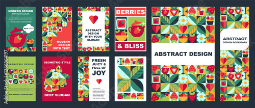 Set of Fruit Posters with Strawberry Pattern in modern geometric design