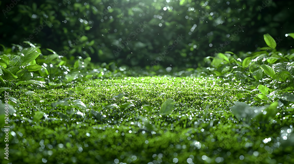 Lush green moss, rain, forest background, nature scene, ideal for websites Lush green moss, rain, forest background, nature scene, ideal for websites