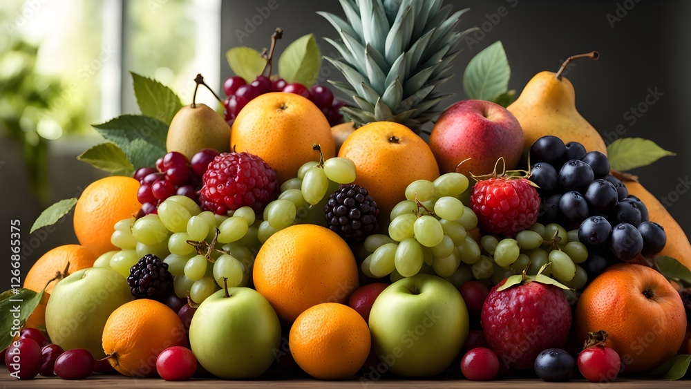 A vibrant assortment of fresh fruits, including oranges, apples, pears, grapes, berries, and pineapple, artfully arranged together. A vibrant assortment of fresh fruits, including oranges, apples, pears, grapes, berries, and pineapple, artfully arranged together.