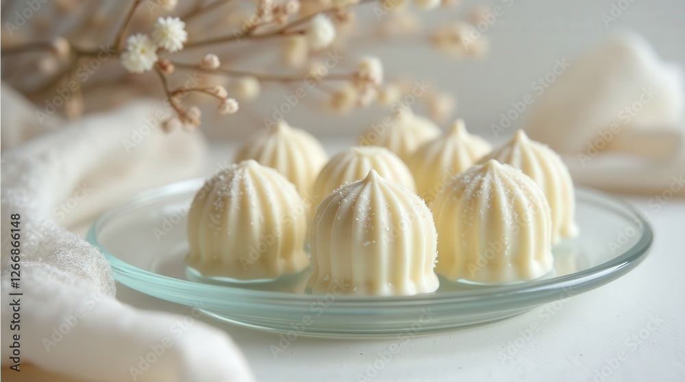 Handcrafted white chocolate truffles elegantly arranged in a spiral design Handcrafted white chocolate truffles elegantly arranged in a spiral design