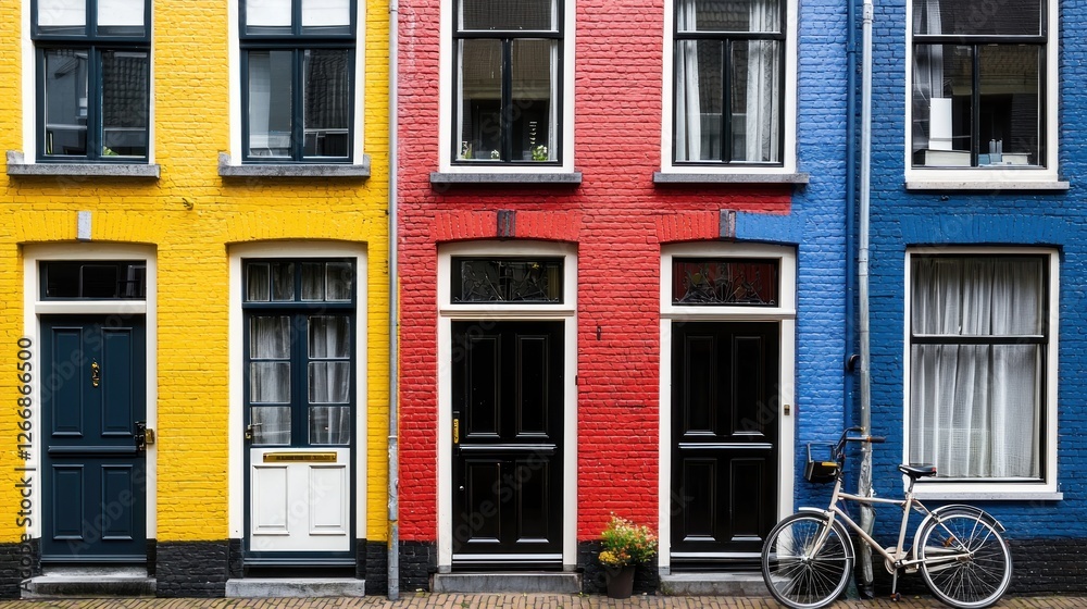 Obraz premium Colorful Dutch houses, vibrant facade, urban street, bike parked, European charm