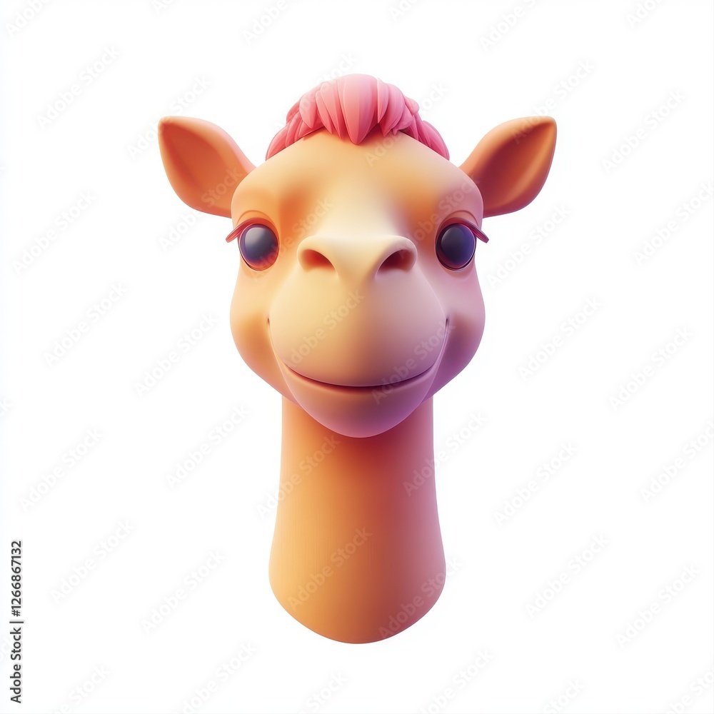 Bright and cheerful cartoon camel head with a pink mane, showcasing a friendly expression in a playful, simple design suitable for children's media Bright and cheerful cartoon camel head with a pink mane, showcasing a friendly expression in a playful, simple design suitable for children's media