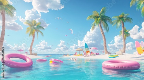 Tropical beach fun, summer vacation, clear water, palm trees, kitesurfing