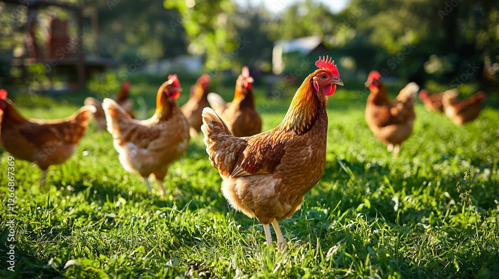 Fototapeta premium A Vibrant Scene of Free-Range Chickens Gracefully Roaming on Lush Green Grass in a Serene Farm Environment Under Soft Natural Light