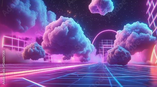 Neon clouds floating on a grid with space background, for futuristic, dreamy or science fiction themes