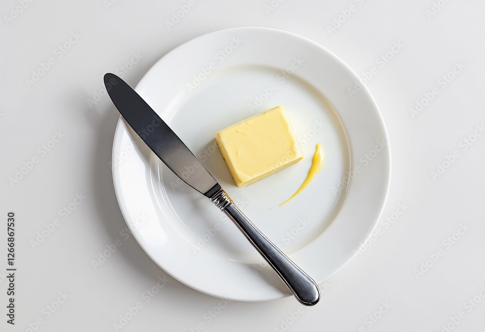 Perfectly Placed Butter and Knife on a Simple White Plate. Generative AI Perfectly Placed Butter and Knife on a Simple White Plate. Generative AI