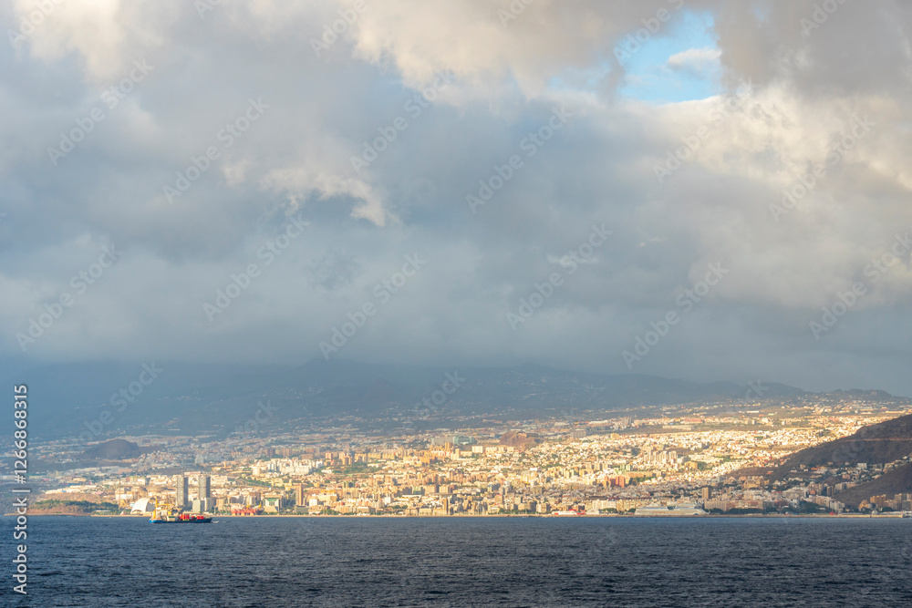 Tenerife island from a cruise ship storm clouds over the ocean Canary islands Spain Tenerife island from a cruise ship storm clouds over the ocean Canary islands Spain