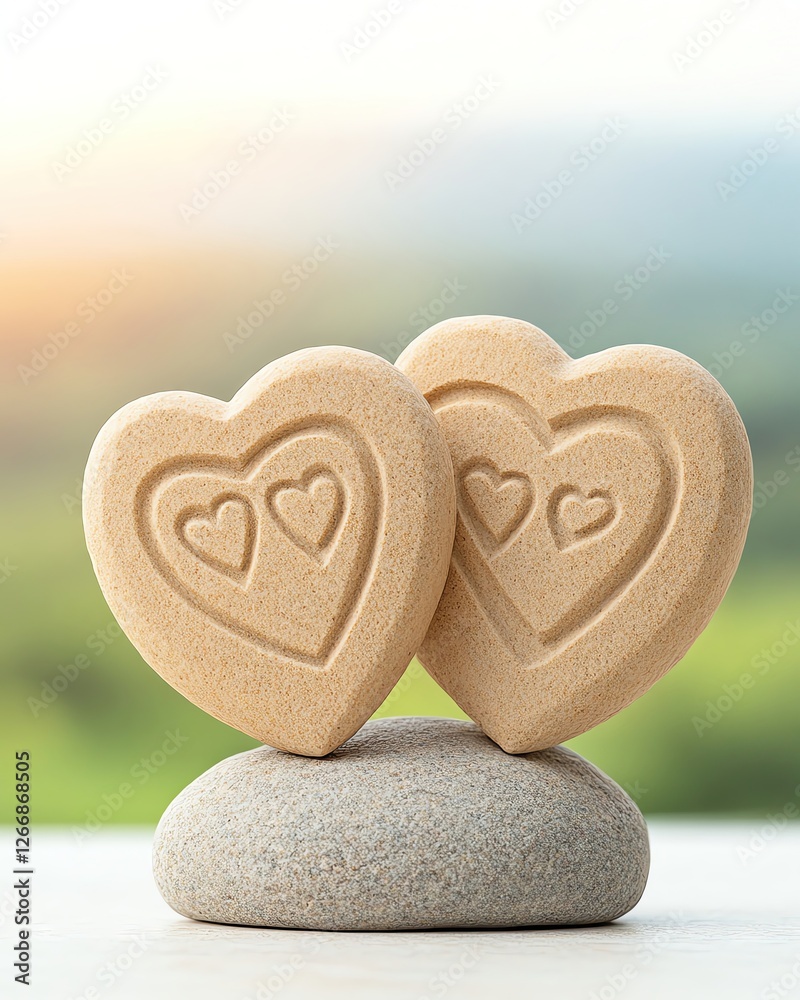 Obraz premium Romantic Twin Hearts Eternal Love Symbolism Two heart-shaped stones symbolizing love and connection on a serene background.