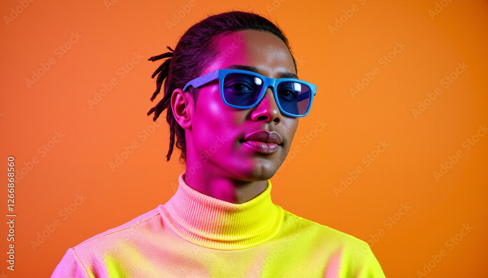 Confident black man with short dreadlocks wearing vibrant yellow sweater and futuristic sunglasses, dramatic lighting against orange backdrop Confident black man with short dreadlocks wearing vibrant yellow sweater and futuristic sunglasses, dramatic lighting against orange backdrop