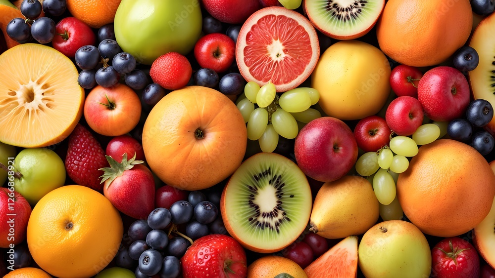 High-angle close-up shot of a vibrant mix of fresh fruits, including oranges, apples, berries, kiwi, and grapes, creating a colorful and healthy food background.