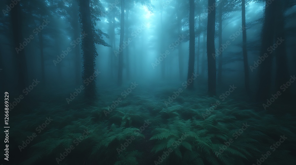 Fototapeta premium Enigmatic Foggy Forest Path Ferns and Trees