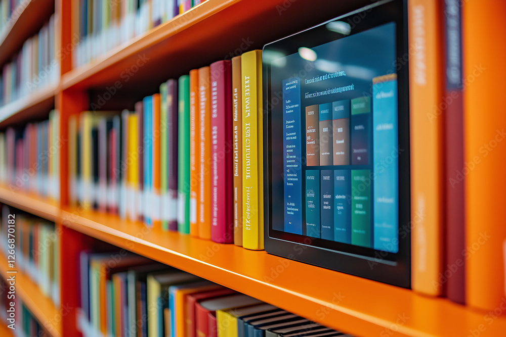 Close-up of a library corner featuring a digital interface for knowledge dissemination.