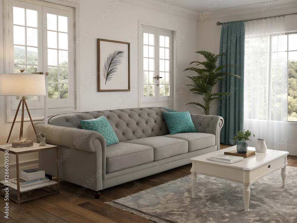 Fototapeta premium living room interior, sofa, pillows, white coffee table, large windows with sheer curtains, modern lamp, cozy home décor,