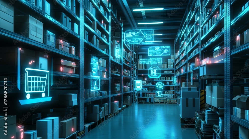 Smart warehouse management system using augmented reality technology to identify package picking and delivery . Future concept of supply chain and logistic business Smart warehouse management system using augmented reality technology to identify package picking and delivery . Future concept of supply chain and logistic business
