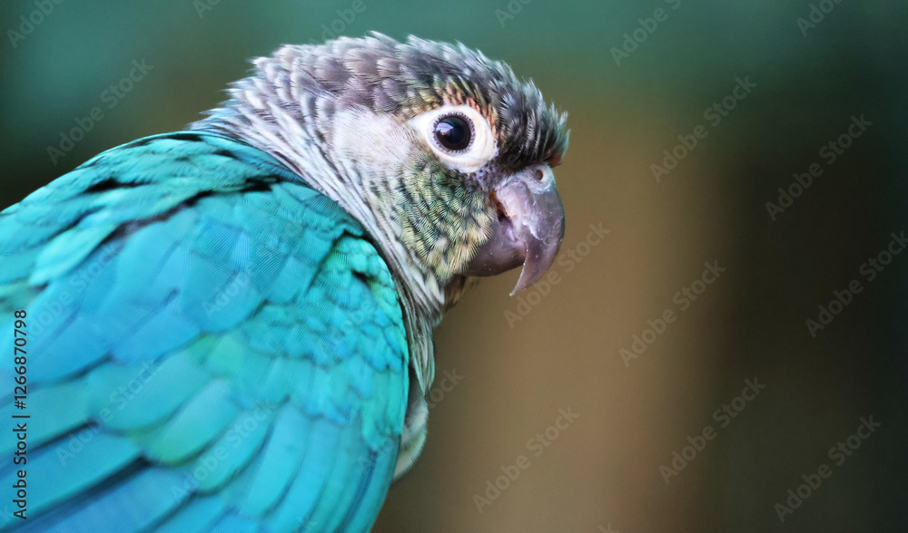 Obraz premium Close-up portrait of a tropical blue parrot with vivid plumage, staring at the camera. Exotic bird photography for wildlife and nature stock images. Colorful avian species in an aviary, Bangalore, Ind