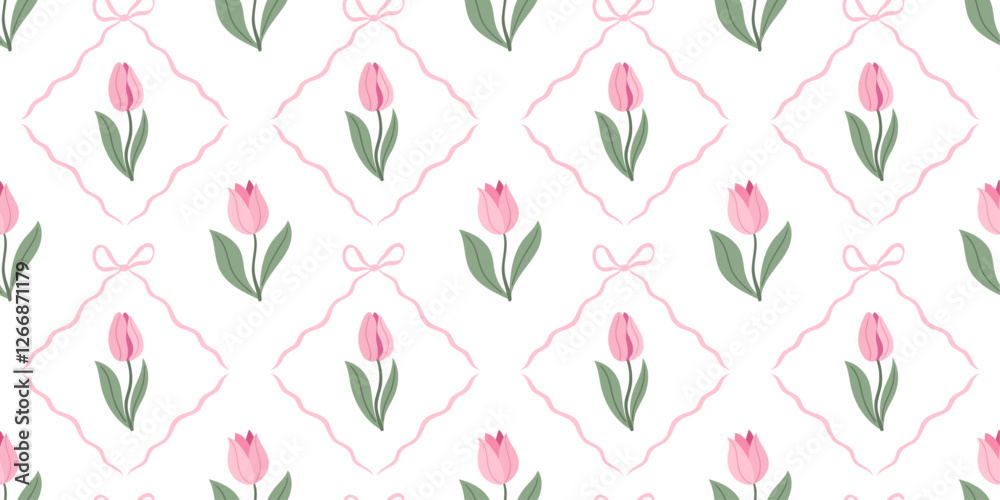 Vintage spring floral pattern with pink tulips