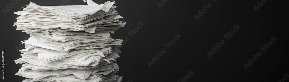 Pile of crumpled papers stacked on a dark background showcasing disorganization and clutter in an office environment Pile of crumpled papers stacked on a dark background showcasing disorganization and clutter in an office environment