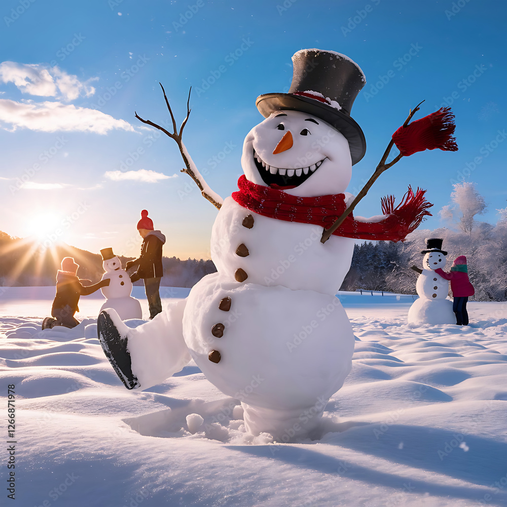 Obraz premium Cheerful snowman in a snowy village scene during winter