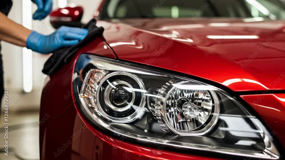 A gloved hand wiping down a shiny red car, car detailing, cleaning and care concept, automotive services, horizontal