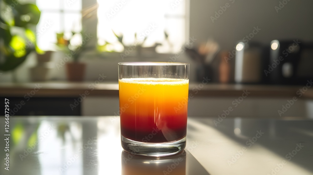 Layered Drink in a Glass with Sunlight in Modern Kitchen Setting Layered Drink in a Glass with Sunlight in Modern Kitchen Setting