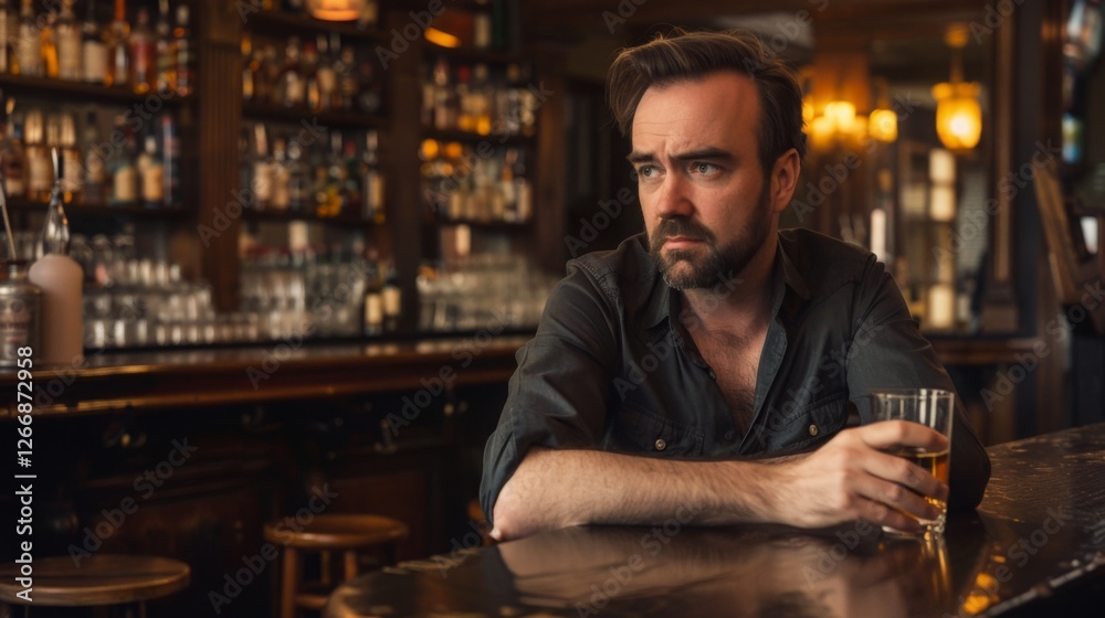 Man sitting alone at a dimly lit bar, holding a glass of whiskey with a thoughtful expression, reflecting on personal moments and solitude in a quiet bar setting. Man sitting alone at a dimly lit bar, holding a glass of whiskey with a thoughtful expression, reflecting on personal moments and solitude in a quiet bar setting.