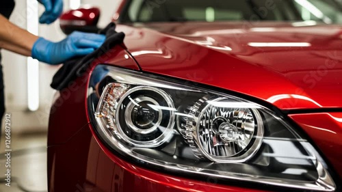 A gloved hand wiping down a shiny red car, car detailing, cleaning and care concept, automotive services, horizontal