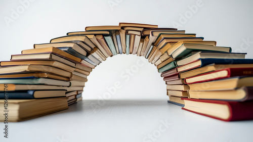 A detailed shot of a bridge made from books, representing the passage from education to career on a clean white background.