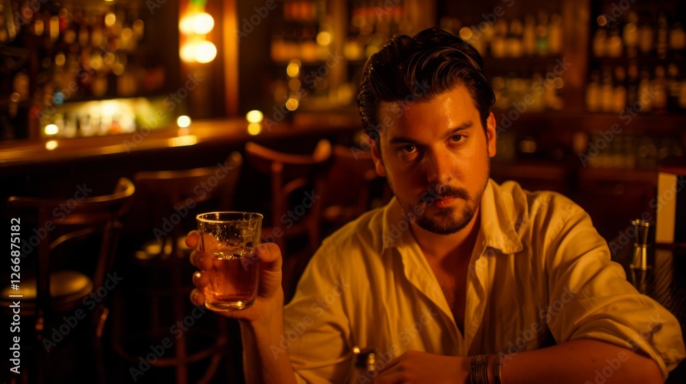 Man sitting alone at a dimly lit bar, holding a glass of whiskey with a thoughtful expression, reflecting on personal moments and solitude in a quiet bar setting. Man sitting alone at a dimly lit bar, holding a glass of whiskey with a thoughtful expression, reflecting on personal moments and solitude in a quiet bar setting.