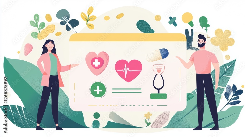 Health awareness graphic with healthcare icons and two people discussing medical topics Health awareness graphic with healthcare icons and two people discussing medical topics