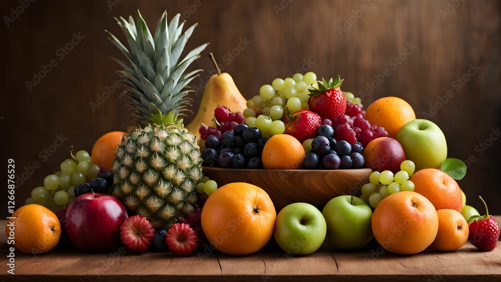 A vibrant assortment of fresh fruit, including pineapples, grapes, apples, oranges, pears, and berries, is artfully arranged in a wooden bowl and on a rustic wooden table. A vibrant assortment of fresh fruit, including pineapples, grapes, apples, oranges, pears, and berries, is artfully arranged in a wooden bowl and on a rustic wooden table.