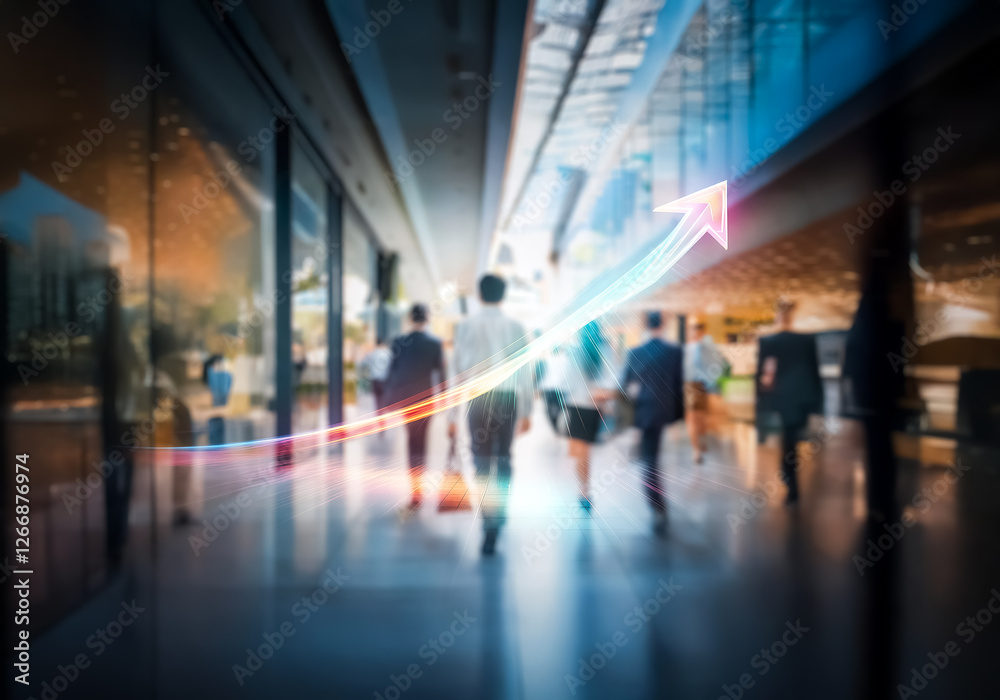 Blurred image of people walking in a commercial building in Hong Kong. A vibrant arrow overlay suggests business growth and direction in a bustling city environment. Blurred image of people walking in a commercial building in Hong Kong. A vibrant arrow overlay suggests business growth and direction in a bustling city environment.