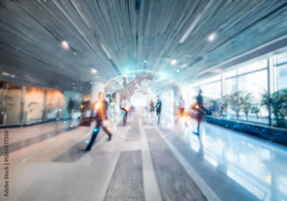 A blurry image of a long hallway with people walking in a modern building. A blurry image of a long hallway with people walking in a modern building.